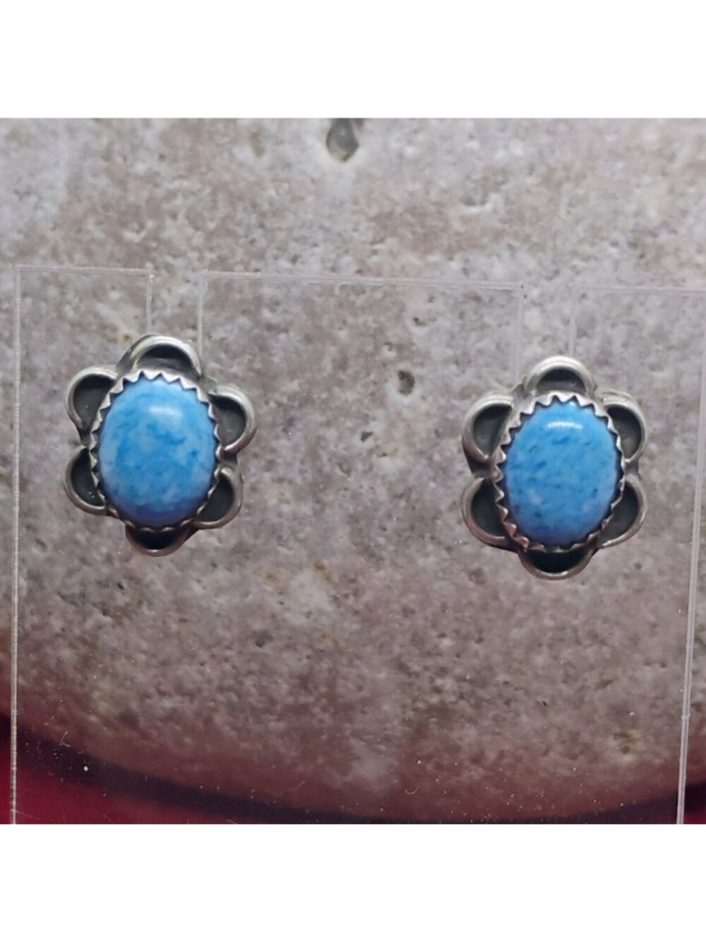 Vtg Native Navajo Sterling Silver Denim Lapis Lazuli Flower Shaped Stud Earrings